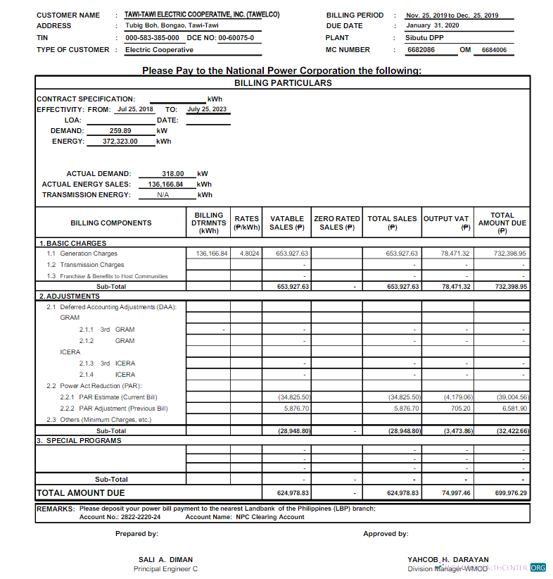download download PHILIPPINES TAWELCO utility bill Word and PDF template PDF template PDF template